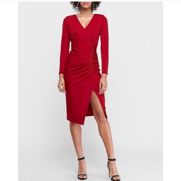 🆕️💃EXPRESS Ruched Long Sleeve Bodycon Dress, Red - Sz S - Picture 1 of 8